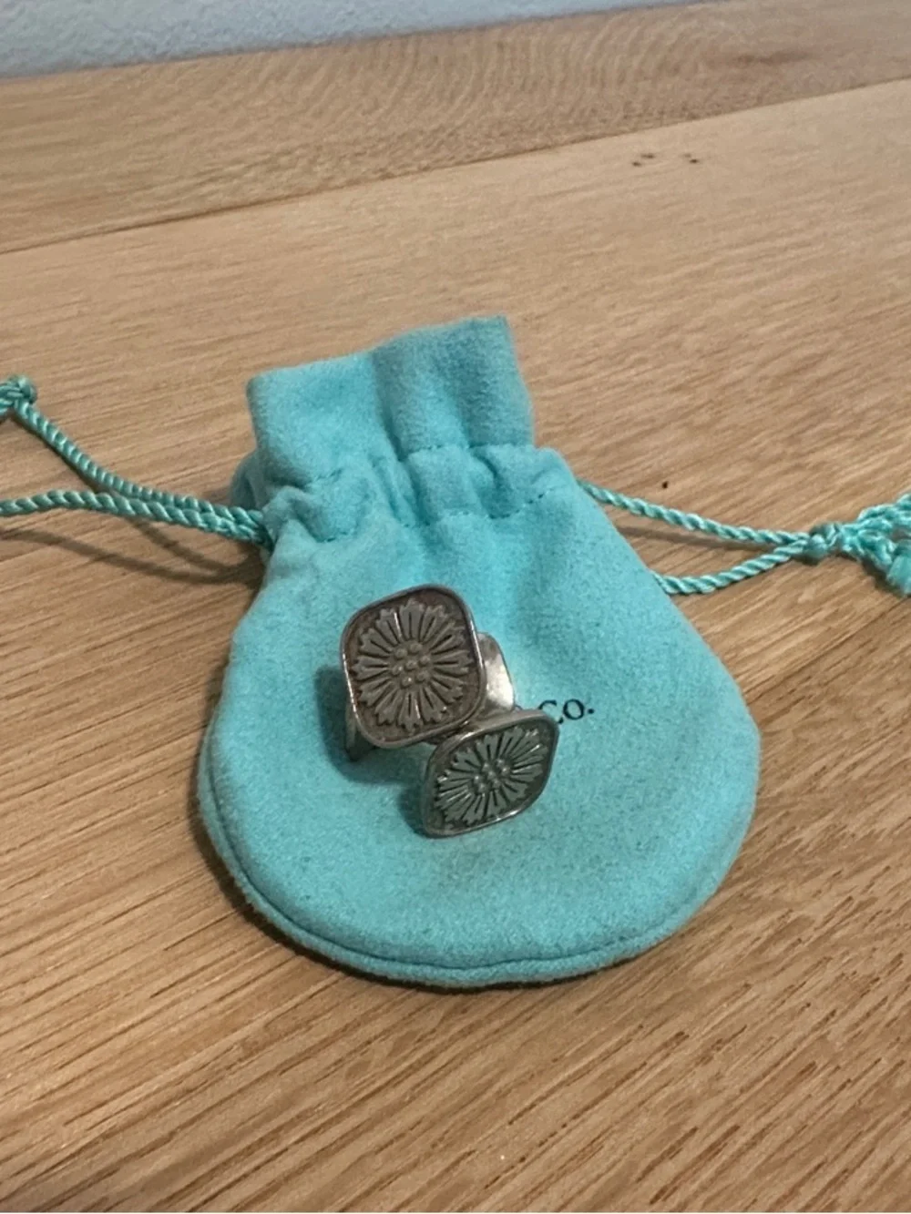 Sterling Silver Floral Signet Cufflinks in Turquoise Pouch